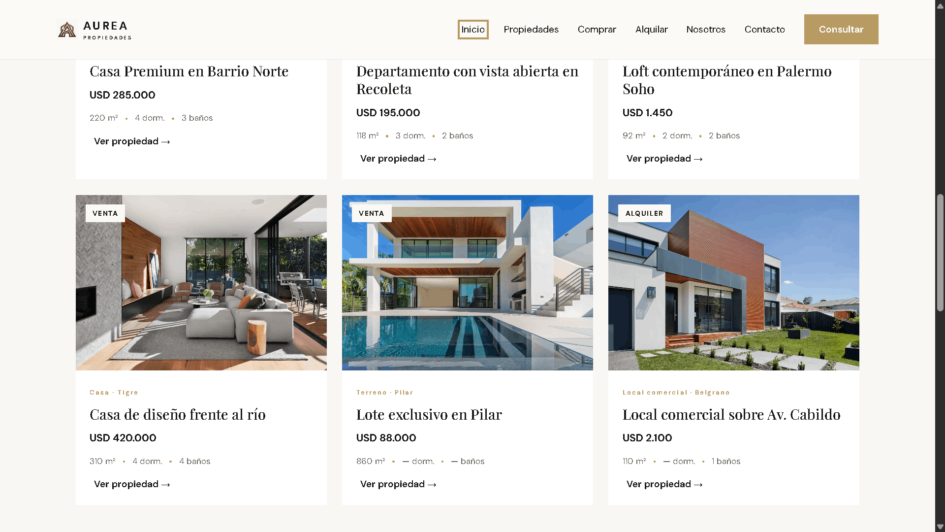 Listado inmobiliario de Áurea Propiedades