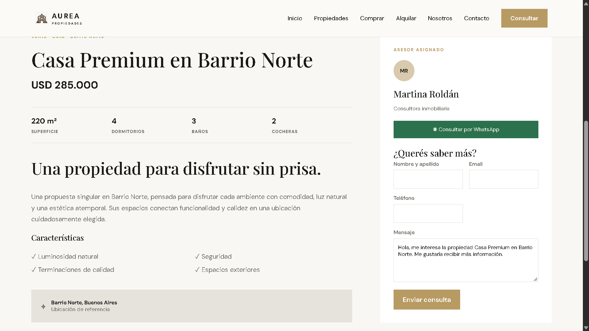 Información de una propiedad en Áurea Propiedades